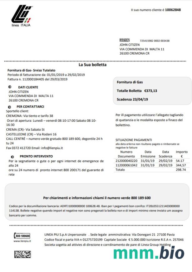 Włochy Linea Italia szablon rachunku za media w formacie Word i PDF